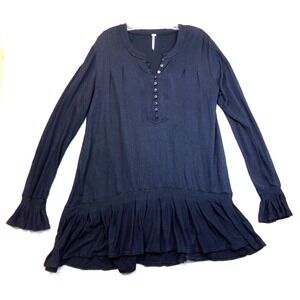 Free People‎ Your Girl Henley Top Shirt Black Size L Flounce Hem Bell Sleeves